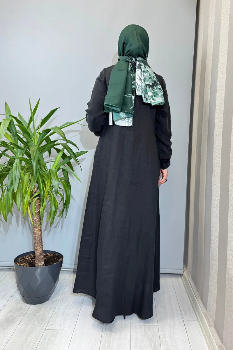 Miss Dalida Uzun Kollu Keten Cupro Elbise 2264257 - Siyah - Görsel 3 