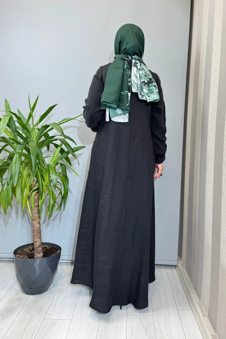 Miss Dalida Uzun Kollu Keten Cupro Elbise 2264257 - Siyah - Görsel 3 