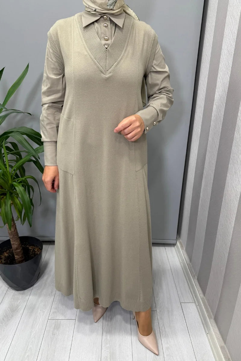 Miss Dalida V Yaka Triko Kolsuz Elbise Küf T25PF- 4012