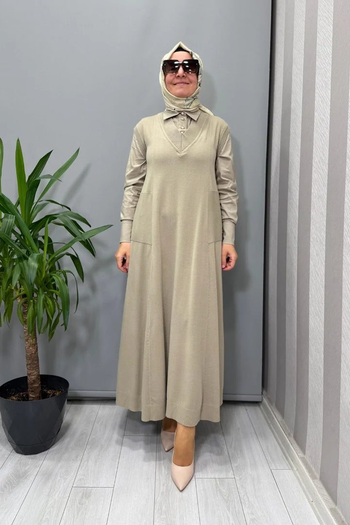 Miss Dalida V Yaka Triko Kolsuz Elbise Küf T25PF- 4012