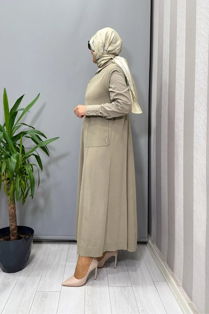 Miss Dalida V Yaka Triko Kolsuz Elbise Küf T25PF- 4012