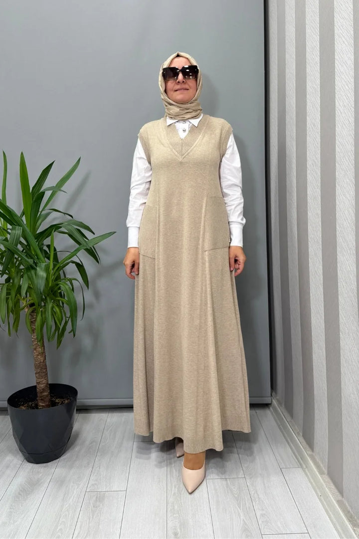 Miss Dalida V Yaka Triko Kolsuz Elbise Vizon T25PF- 4012