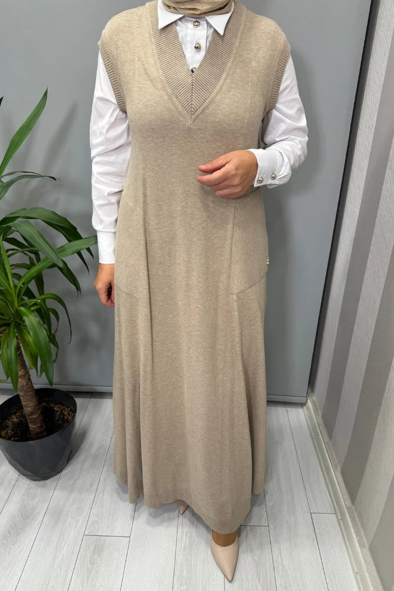 Miss Dalida V Yaka Triko Kolsuz Elbise Vizon T25PF- 4012