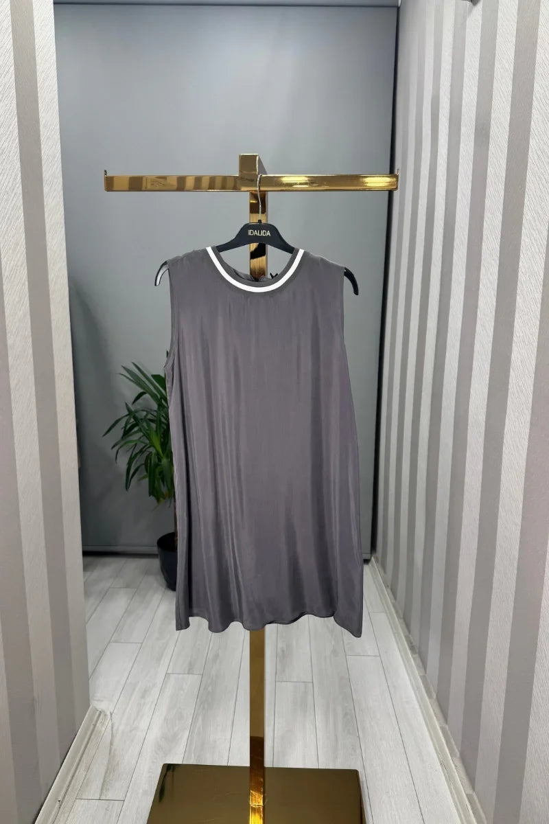 Miss Dalida Yakası Çizgi Detaylı Kolsuz Cupro Tunik Siyah T25Y- 6045 - Antrasit - Görsel 1 #renk_antrasit