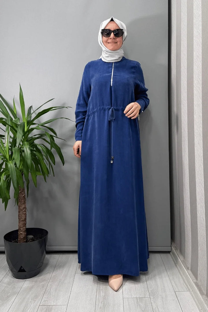 Miss Dalida Yakası Fermuarlı Beli Büzgülü Cupro Elbise İndigo T25Y- 4011