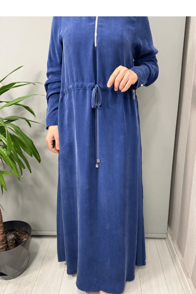 Miss Dalida Yakası Fermuarlı Beli Büzgülü Cupro Elbise İndigo T25Y- 4011