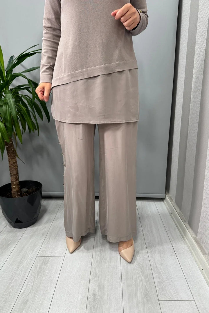 Miss Dalida Yanları Düğmeli Bol Paça Cupro Pantolon Mink T25Y- 7008