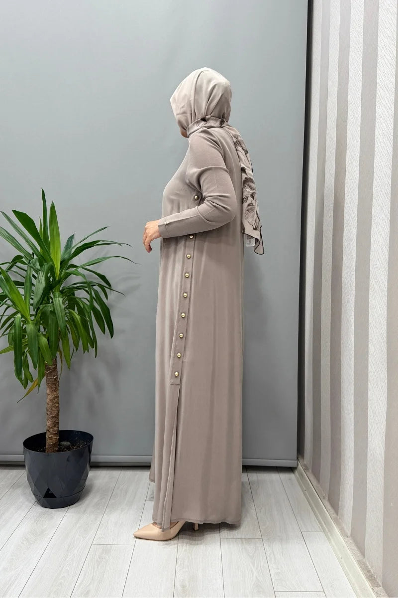 Miss Dalida Yanları Düğmeli Cupro Elbise Mink T25Y- 4052