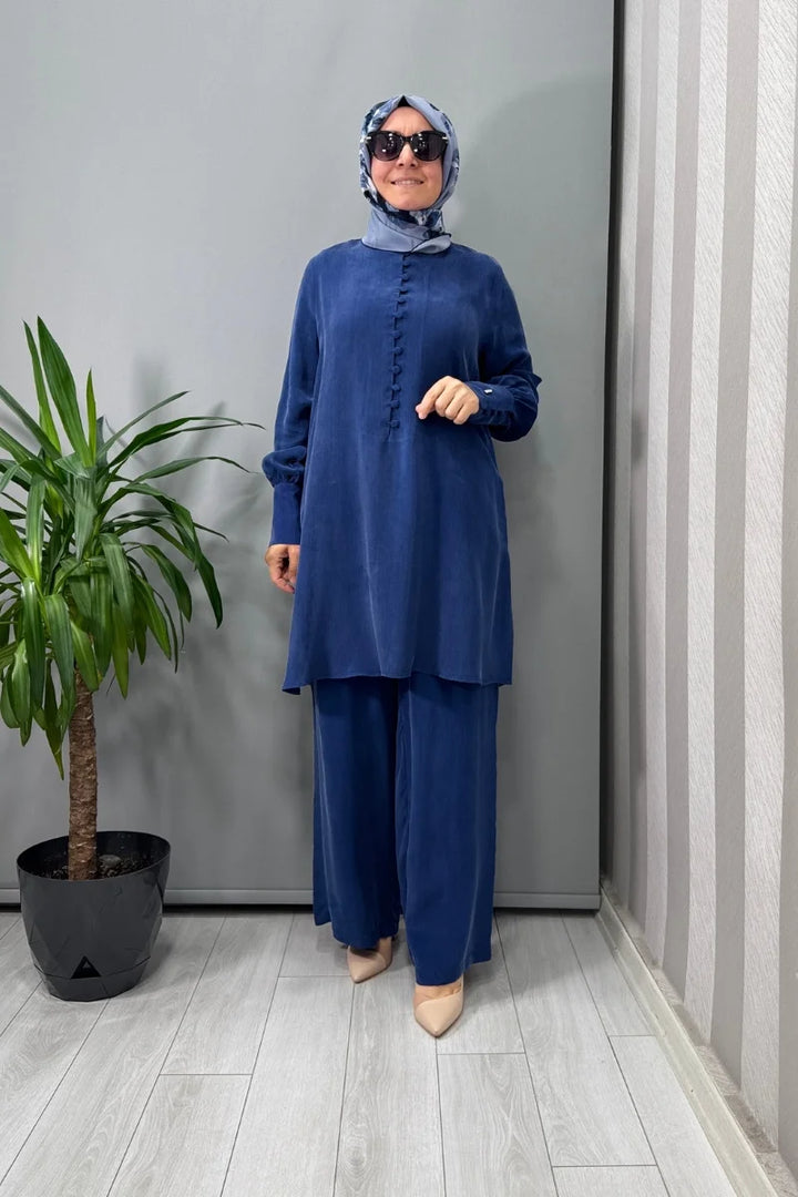 Miss Dalida Yuvarlak Yaka Brit Detaylı Tunik Mavi T25Y- 6039