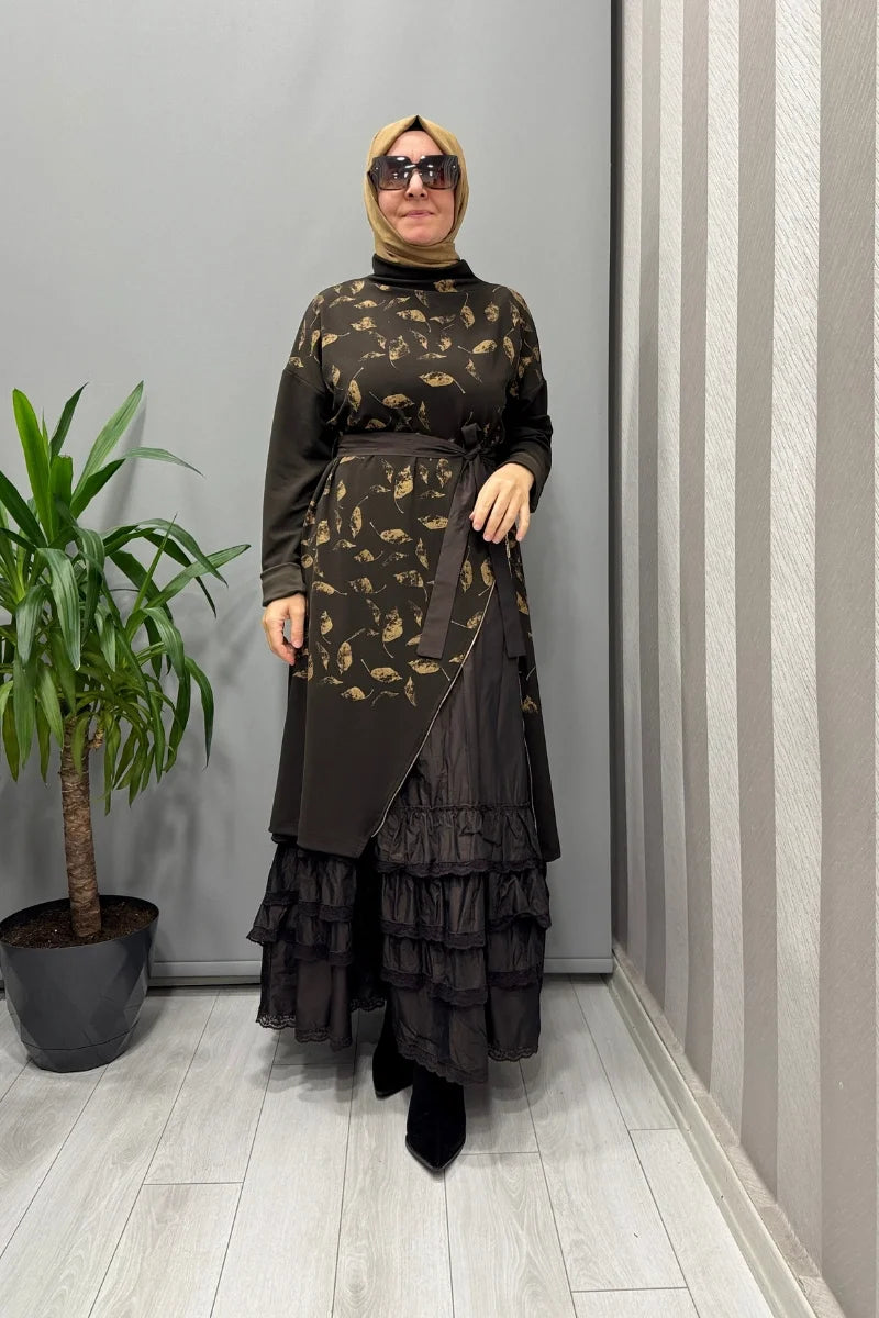 Misswhence Baskı Detaylı İkili Triko Elbise 38810 - Kahve - Görsel 1 #renk_kahve