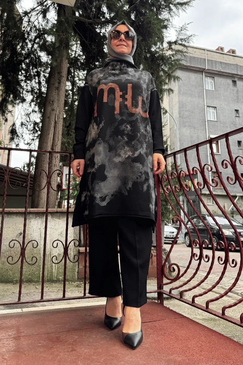 MissWhence Baskılı Triko Tunik 36021 - Siyah - Görsel 1 