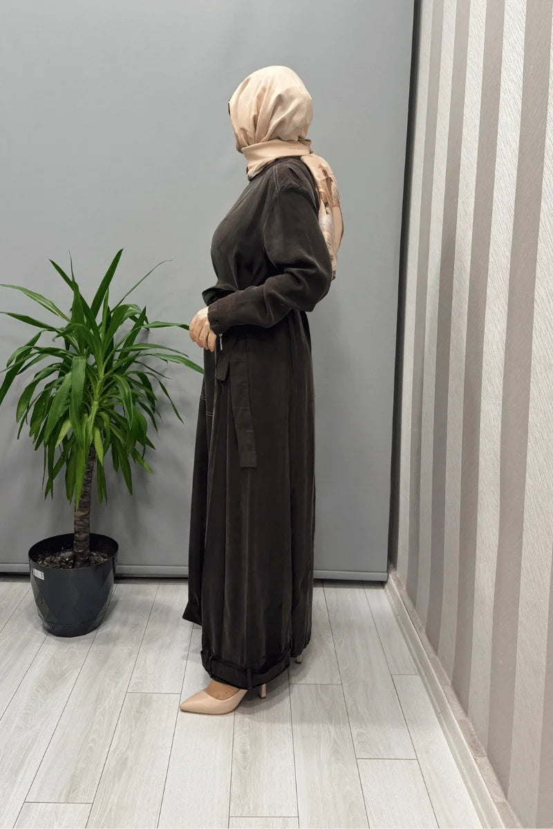 Misswhence Cep Detaylı Cupra İpek Elbise 37838 - Kahve - Görsel 3 
