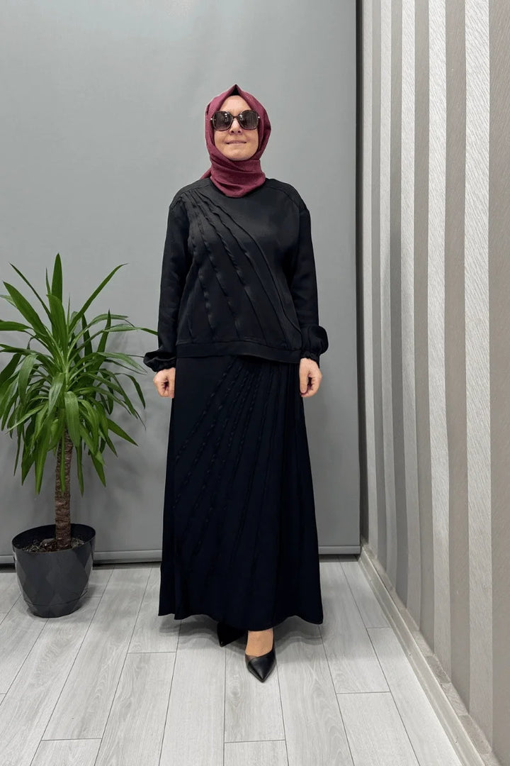 Misswhence Chanel Keten Bluz Etek Takım 37312 - Siyah - Görsel 2 