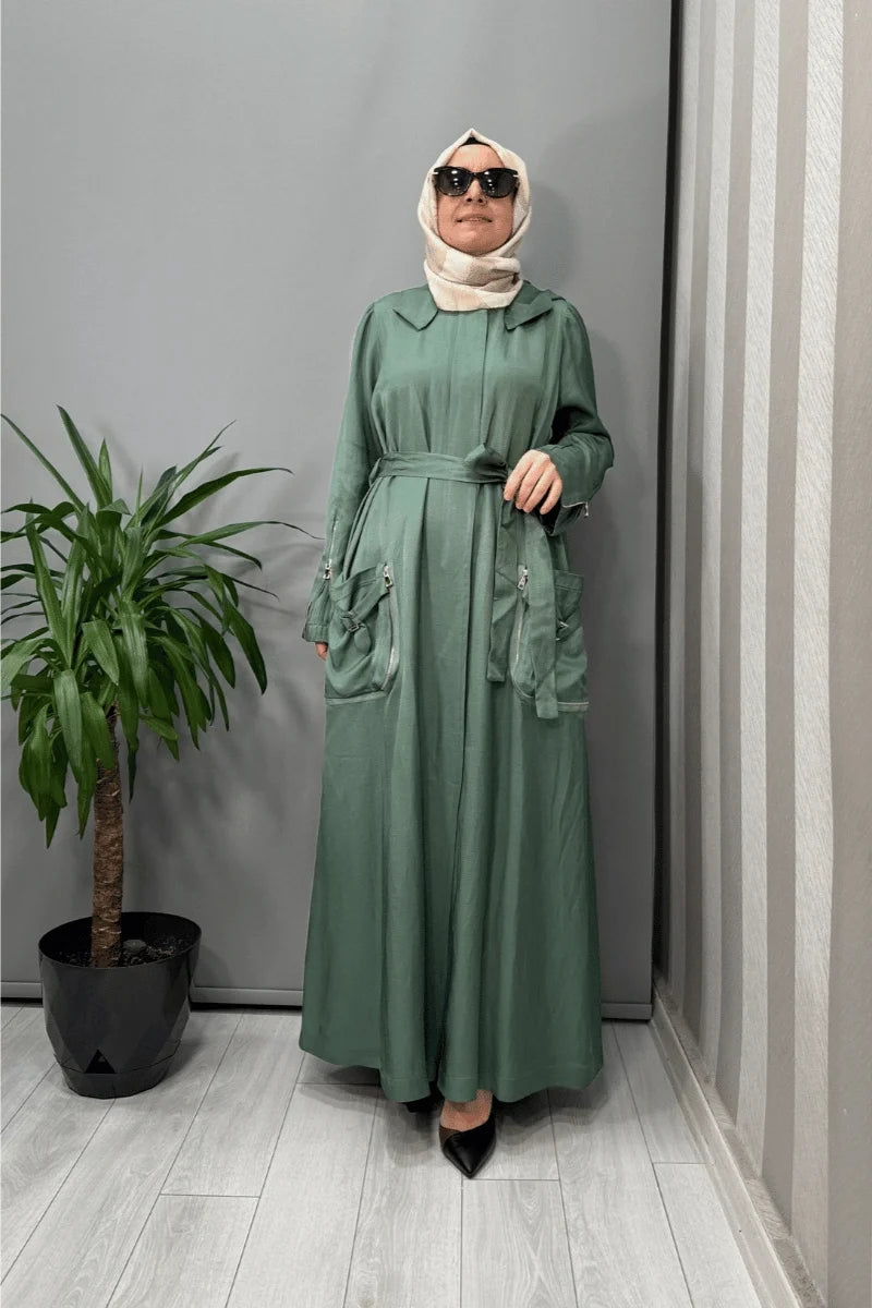 Misswhence Chanel Keten Pardesü 37523 - Yeşil - Görsel 1 #renk_ye-il