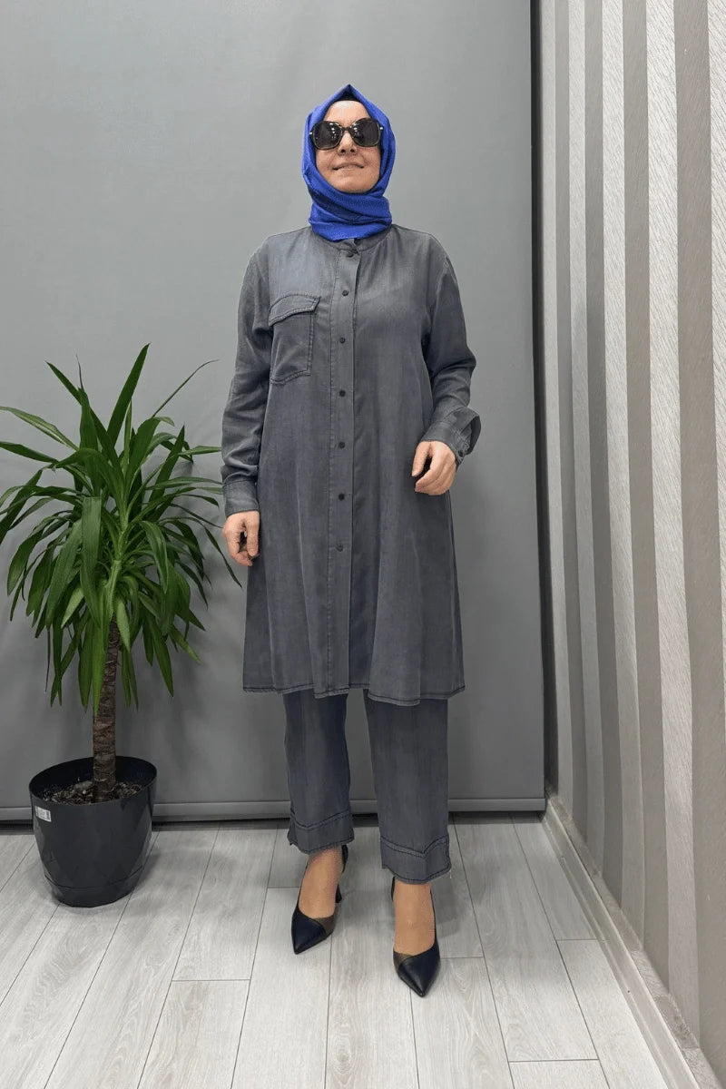 Misswhence Çıtçıtlı Tencel Gömlek 37303 - Gri - Görsel 1 #renk_gri