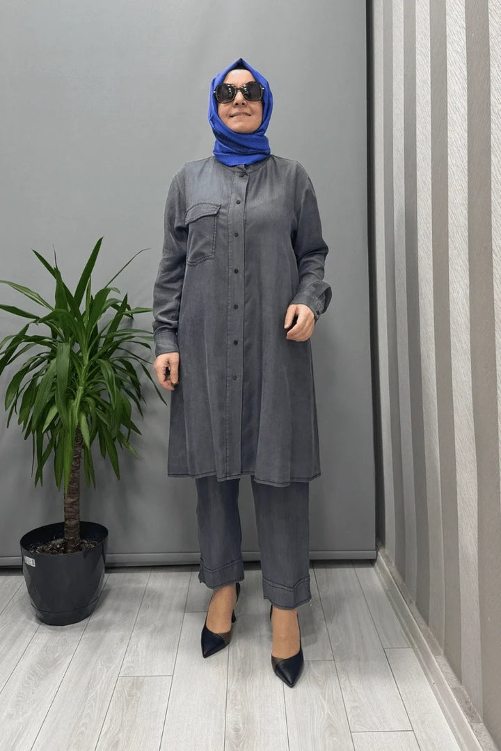 Misswhence Çıtçıtlı Tencel Gömlek 37303 - Gri - Görsel 1 