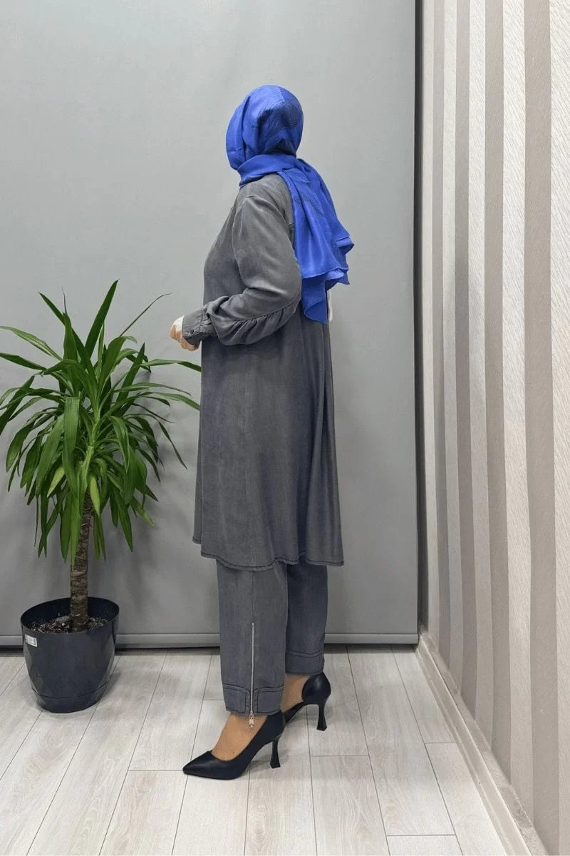 Misswhence Çıtçıtlı Tencel Gömlek 37303 - Gri - Görsel 3 