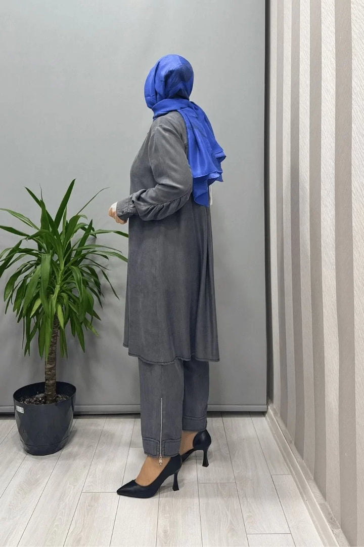 Misswhence Çıtçıtlı Tencel Gömlek 37303 - Gri - Görsel 3 