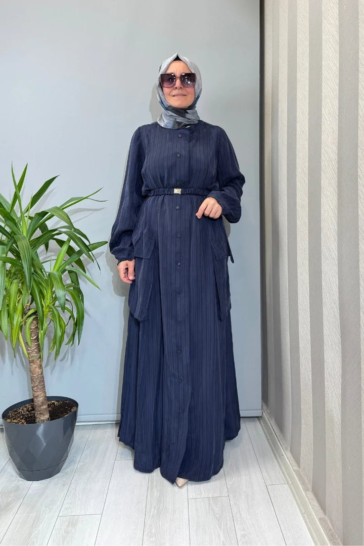 Misswhence Çizgi Desenli Cep Detaylı İpek Pardesü 39828 - Lacivert - Görsel 1 