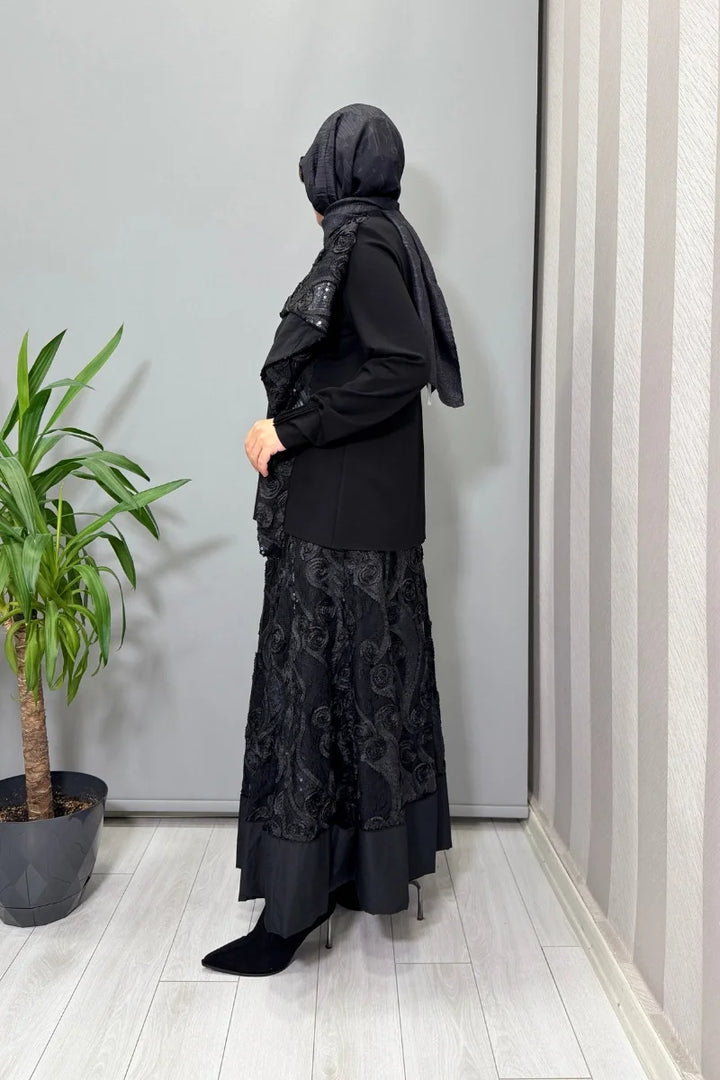 Misswhence Dantelli Etek Bluz Takım Siyah(Payetli) 38219