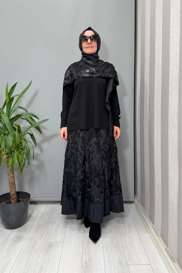Misswhence Dantelli Etek Bluz Takım Siyah(Payetli) 38219