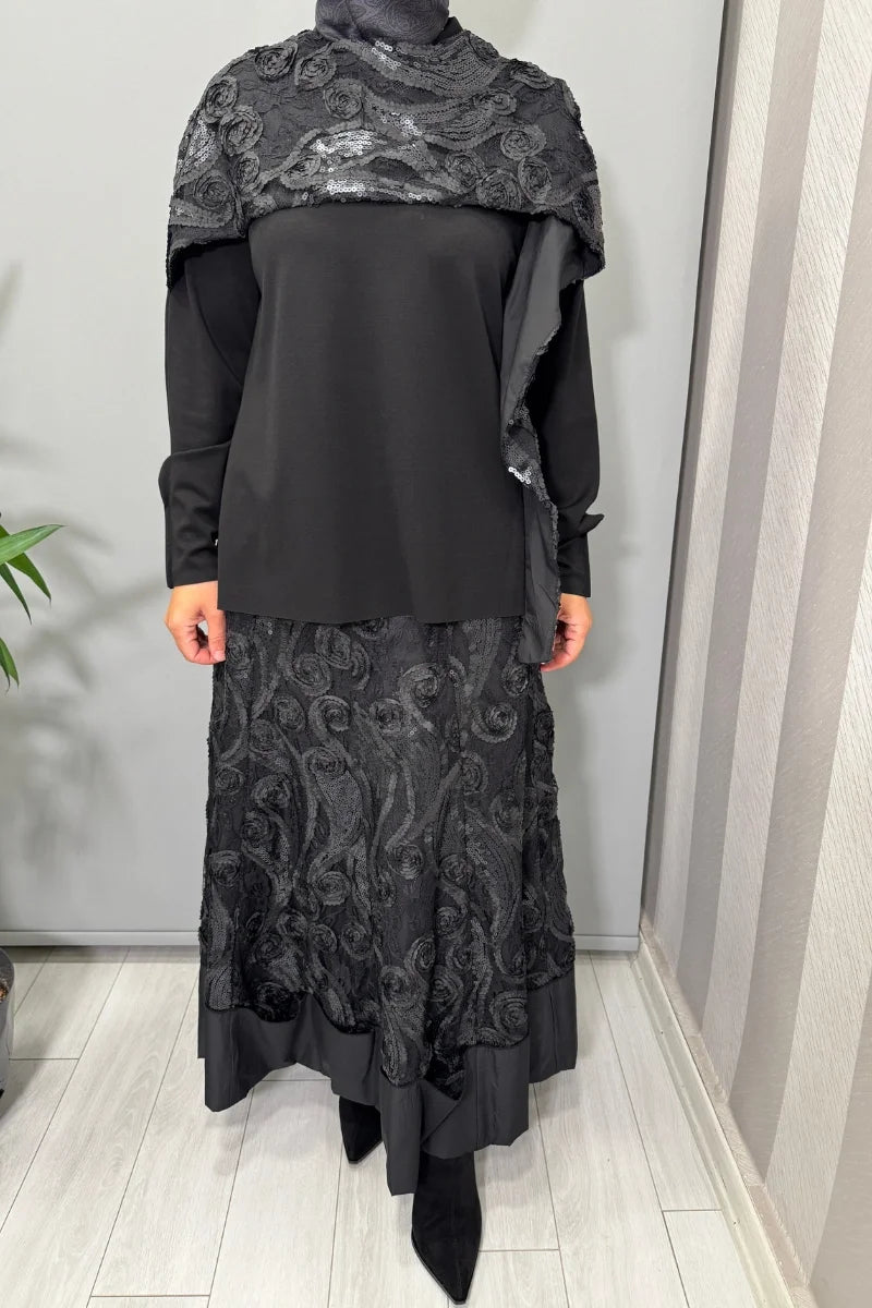 Misswhence Dantelli Etek Bluz Takım Siyah(Payetli) 38219