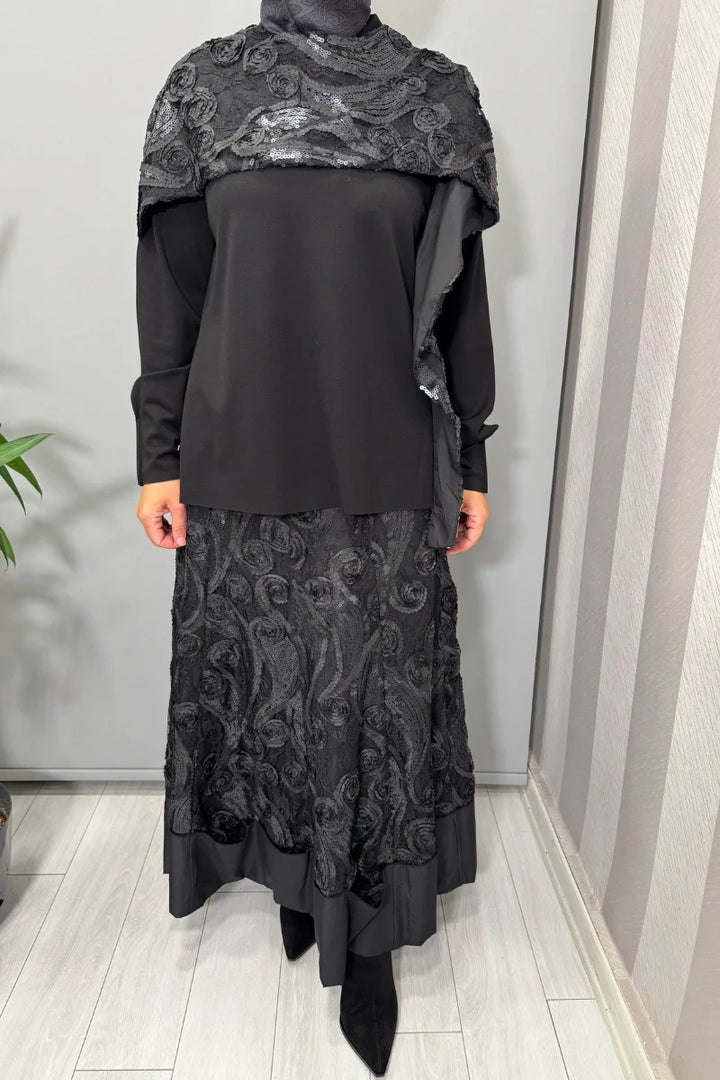 Misswhence Dantelli Etek Bluz Takım Siyah(Payetli) 38219