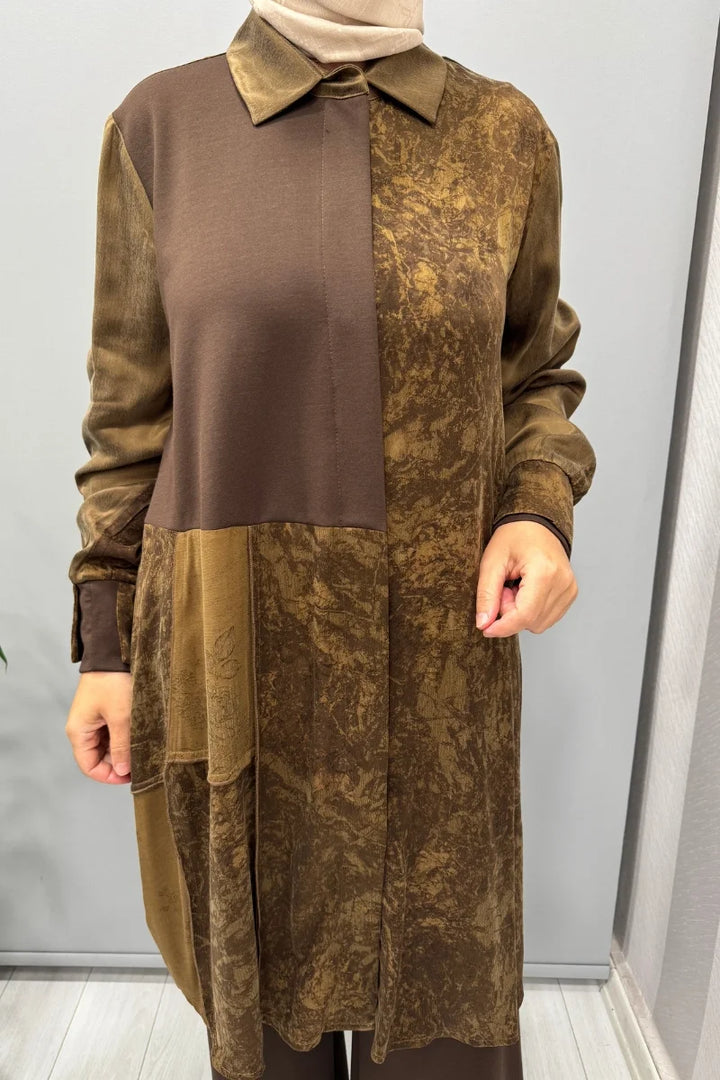 Misswhence Desenli Parça Detaylı İpek Gömlek 38303 - Kahve - Görsel 4 