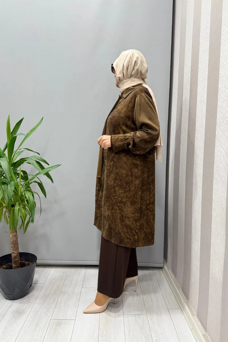 Misswhence Desenli Parça Detaylı İpek Gömlek 38303 - Kahve - Görsel 2 