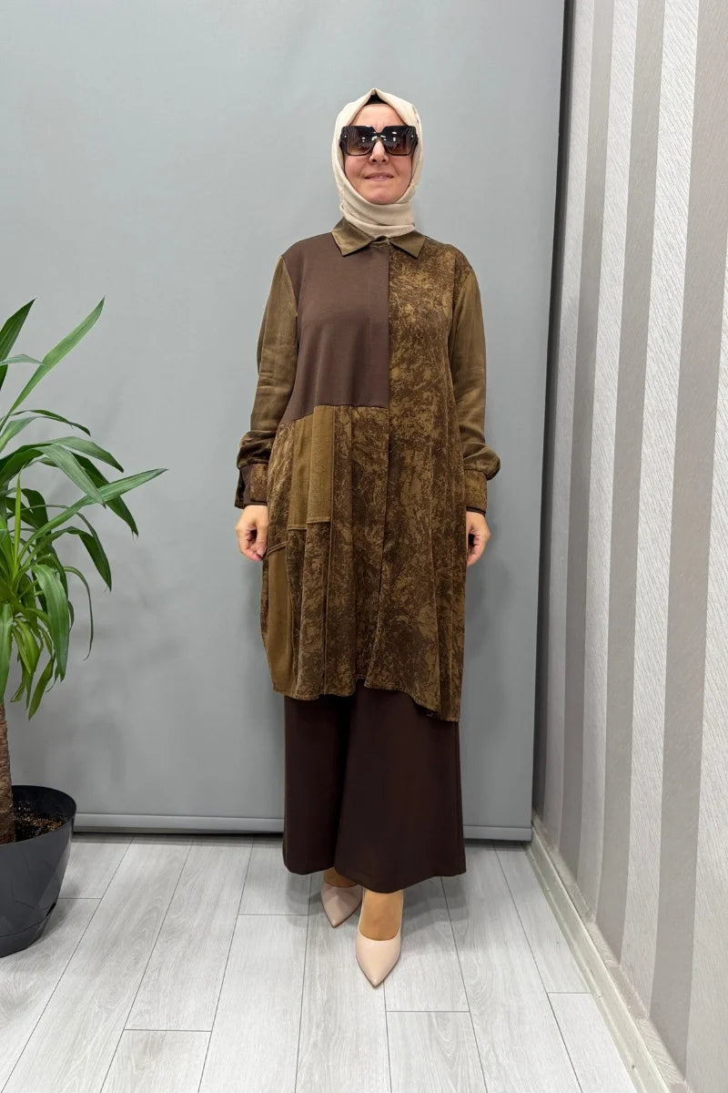 Misswhence Desenli Parça Detaylı İpek Gömlek 38303 - Kahve - Görsel 1 
