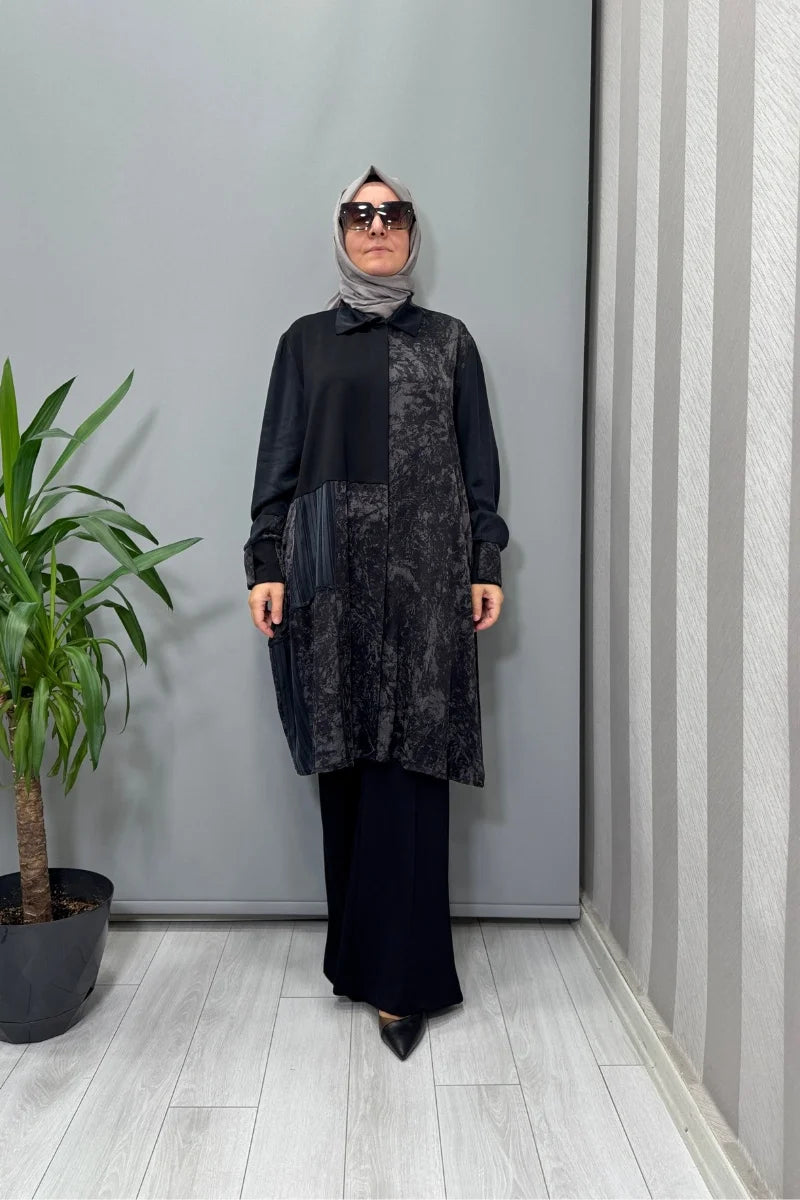 Misswhence Desenli Parça Detaylı İpek Gömlek 38303 - Siyah - Görsel 1 #renk_siyah