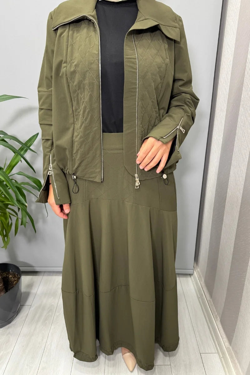 Misswhence Dikiş ve Büzgü Detaylı Ceket Etek Takım 38208 - Haki - Görsel 4 