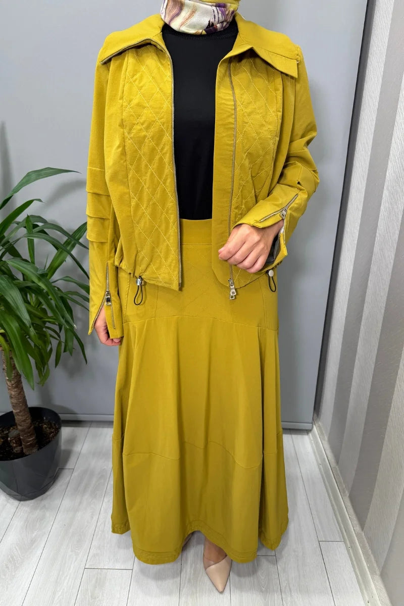 Misswhence Dikiş ve Büzgü Detaylı Ceket Etek Takım 38208 - Sarı - Görsel 8 
