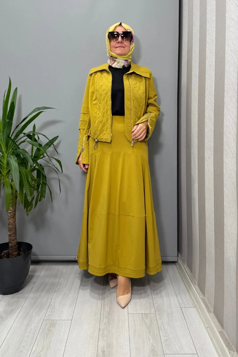 Misswhence Dikiş ve Büzgü Detaylı Ceket Etek Takım 38208 - Sarı - Görsel 2 #renk_sar
