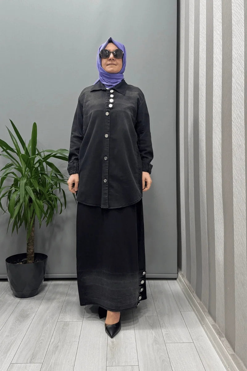 Misswhence Düğme Detaylı Kot Etek Takım 37304 - Siyah - Görsel 2 #renk_siyah