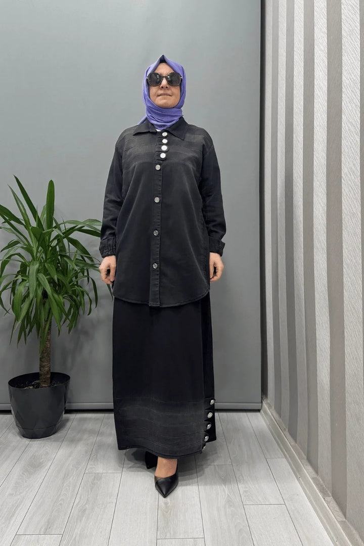 Misswhence Düğme Detaylı Kot Etek Takım 37304 - Siyah - Görsel 2 