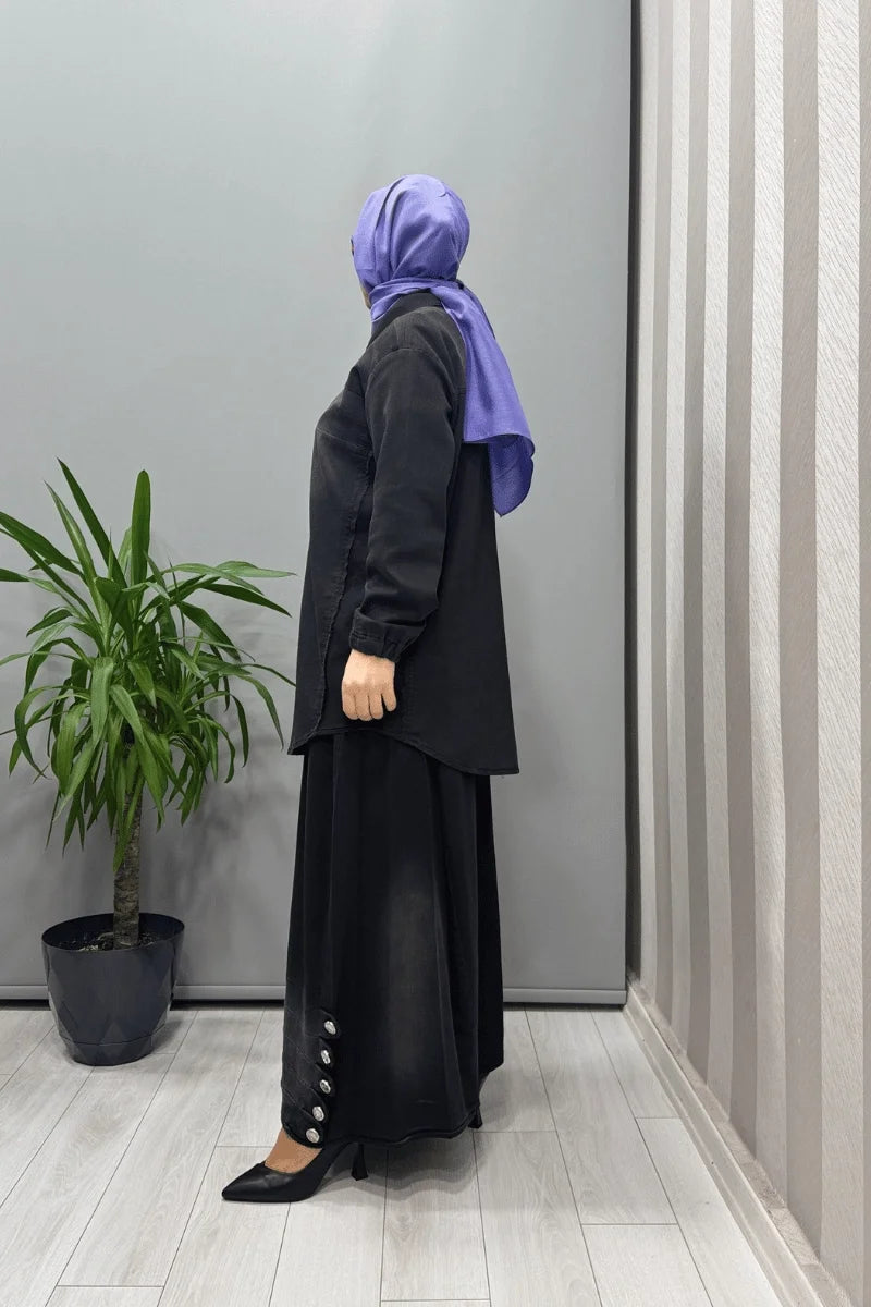 Misswhence Düğme Detaylı Kot Etek Takım 37304 - Siyah - Görsel 4 