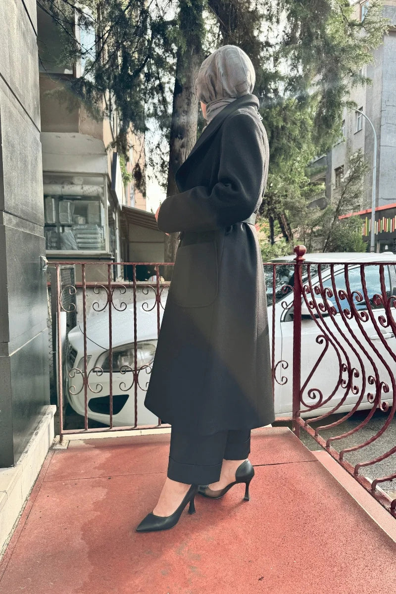 MissWhence Fermuar Detaylı Kemerli Kaşe Kap 36411 - Siyah - Görsel 2 