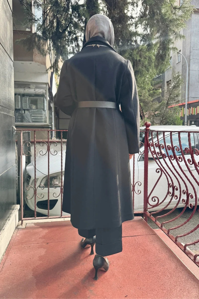 MissWhence Fermuar Detaylı Kemerli Kaşe Kap 36411 - Siyah - Görsel 4 