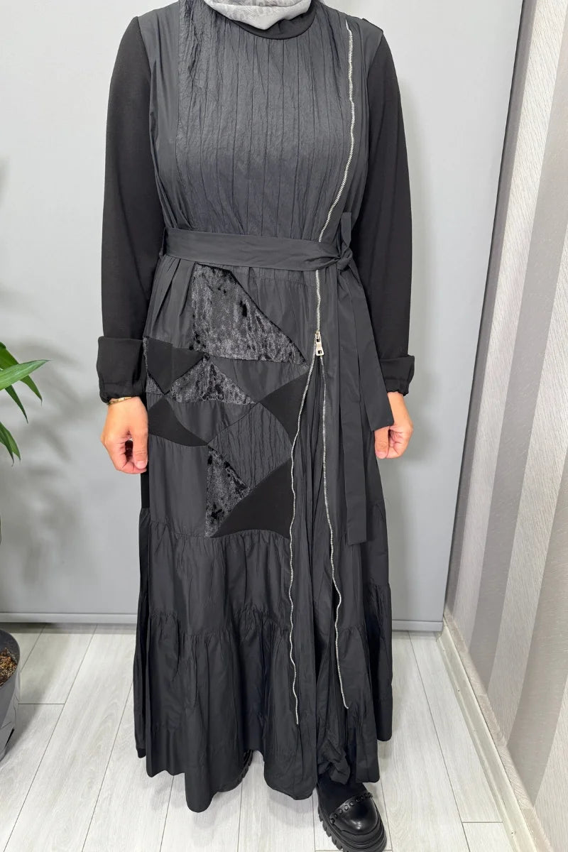 Misswhence Fermuar Detaylı Patchwork Elbise 38813 - Siyah - Görsel 6 