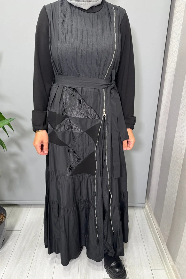 Misswhence Fermuar Detaylı Patchwork Elbise 38813 - Siyah - Görsel 6 