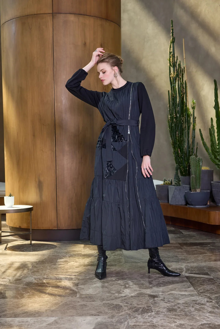 Misswhence Fermuar Detaylı Patchwork Elbise 38813 - Siyah - Görsel 5 