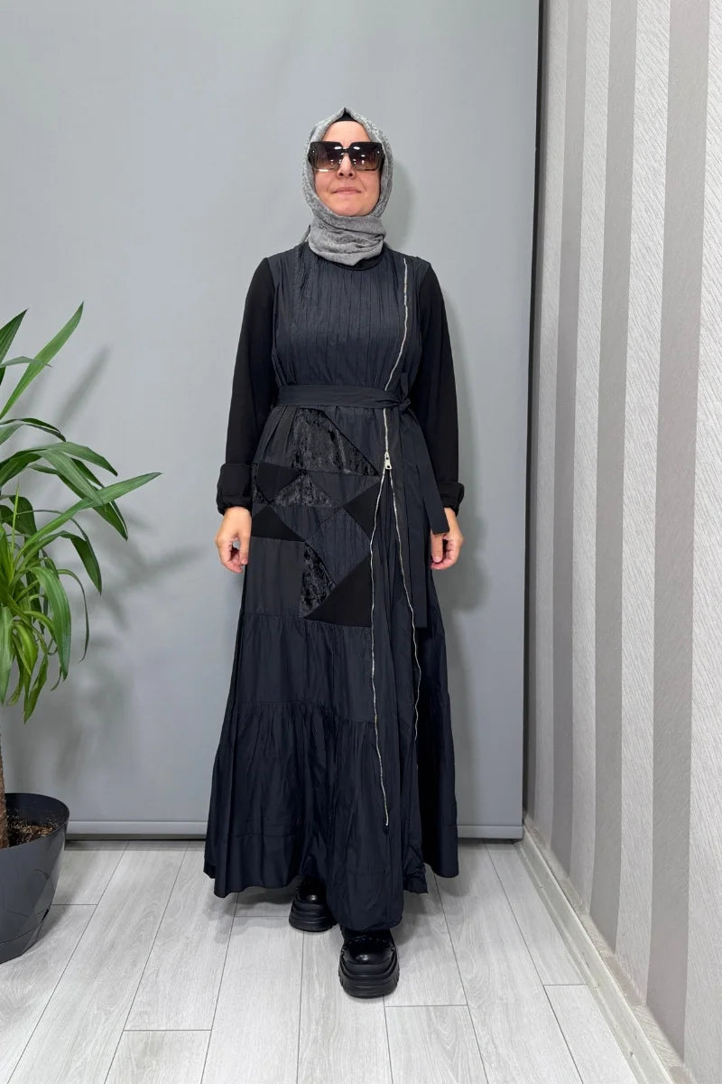 Misswhence Fermuar Detaylı Patchwork Elbise 38813 - Siyah - Görsel 2 #renk_siyah