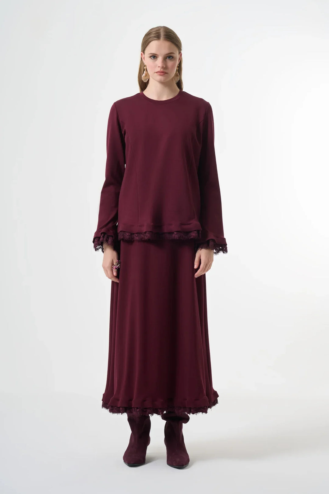 Misswhence Güpür Detaylı Etek Takım 38004 - Bordo - Görsel 1 