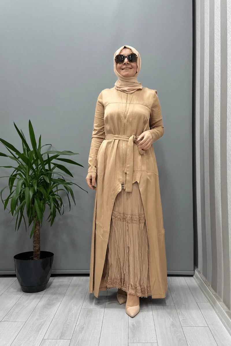 Misswhence İkili Chanel Keten Elbise 37806 - Camel - Görsel 1 #renk_camel
