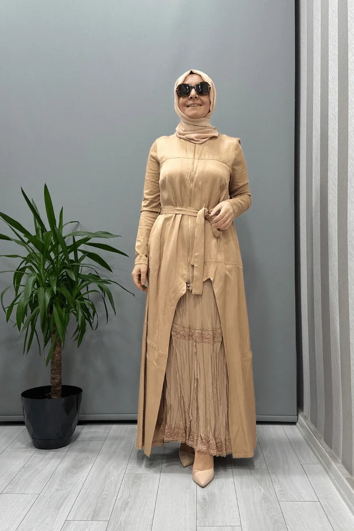 Misswhence İkili Chanel Keten Elbise 37806 - Camel - Görsel 1 
