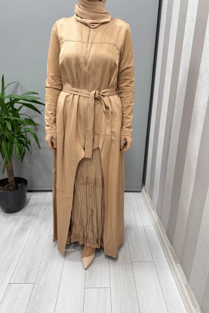 Misswhence İkili Chanel Keten Elbise 37806 - Camel - Görsel 4 