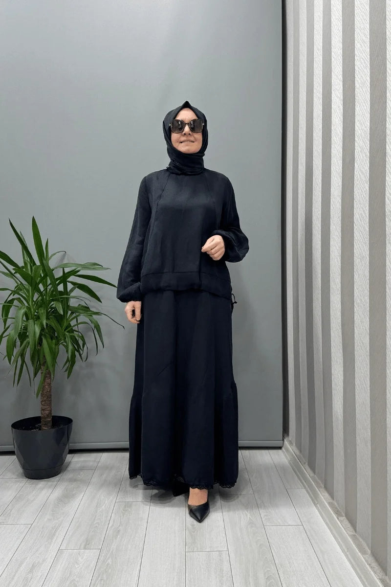 Misswhence İpek Keten Bluz Etek Takım 37000 - Siyah - Görsel 1 