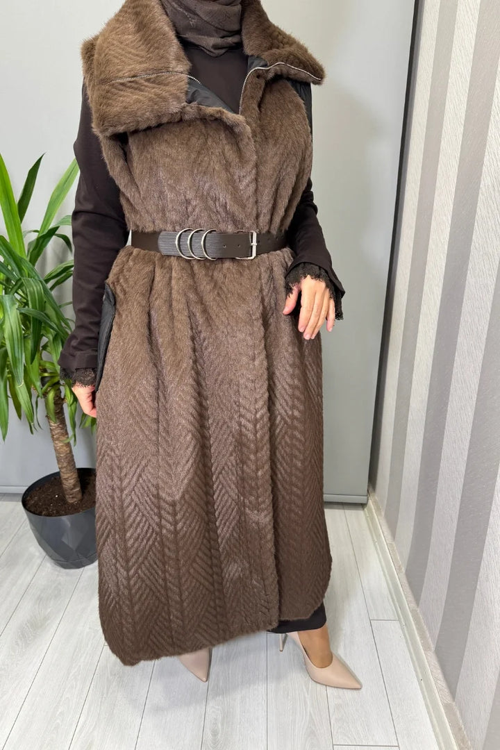 Misswhence Kapitone Detaylı Uzun Kürk Yelek 38700 - Kahve - Görsel 4 