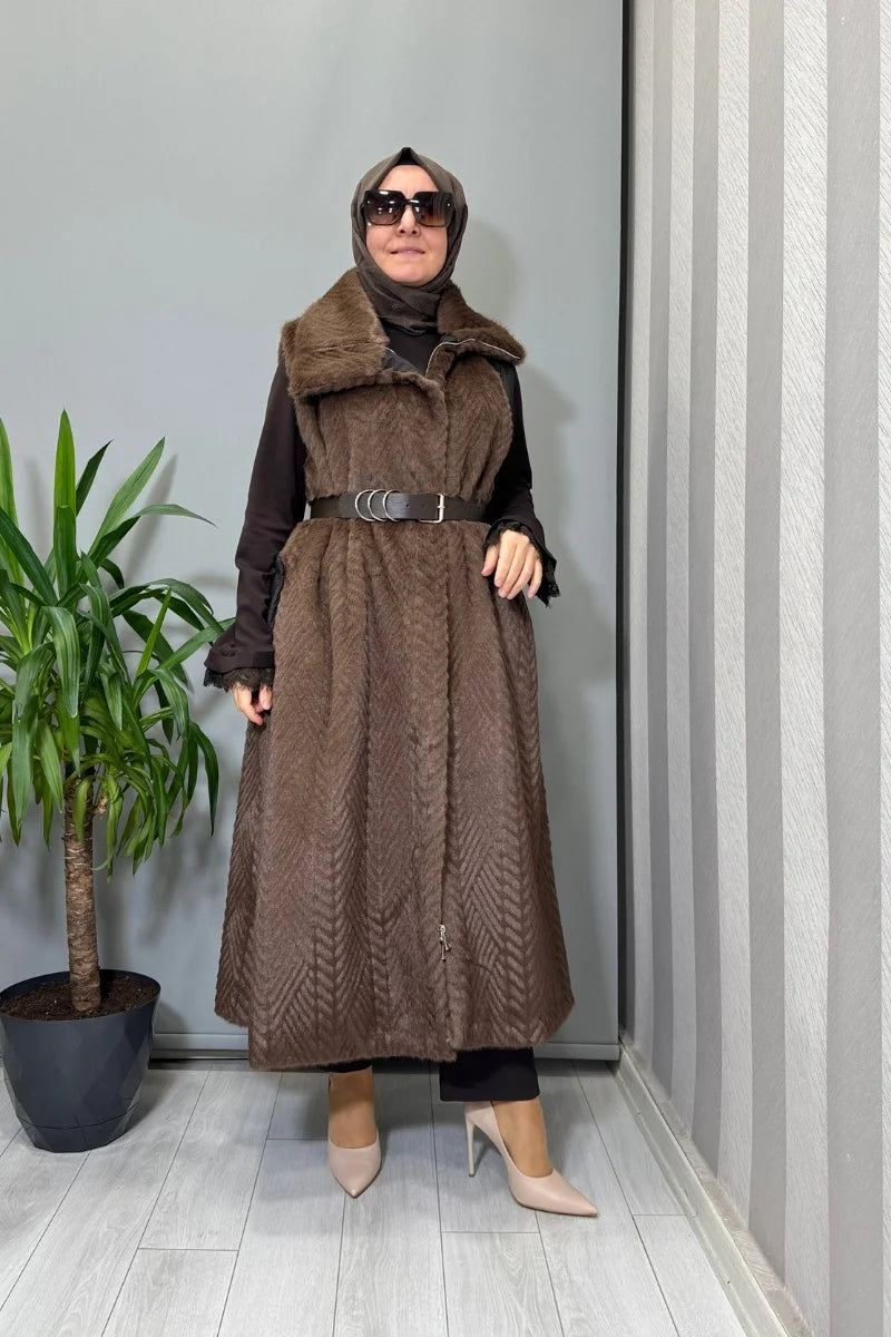 Misswhence Kapitone Detaylı Uzun Kürk Yelek 38700 - Kahve - Görsel 1 #renk_kahve
